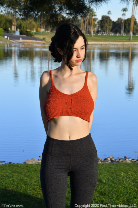 Glamorous Giulia exposes her humongous boobies while teasing in yoga pants outdoors - #918375