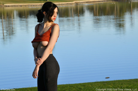 Glamorous Giulia exposes her humongous boobies while teasing in yoga pants outdoors - #918379