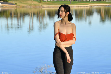 Glamorous Giulia exposes her humongous boobies while teasing in yoga pants outdoors - #918384