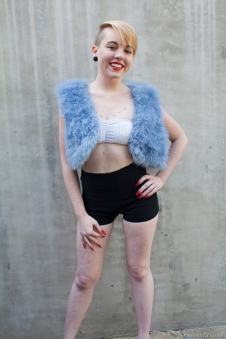 Short haired teenie girl girl chick Miley May shows her naked body and pees in the street - Image 1 of 19  in Pissing category   featuring Miley May 