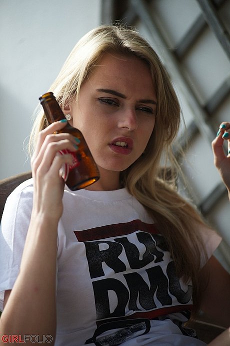 Thin white skank gf woman Chloe Toy has a beer and puff while showcasing her bald vagina - Image 2 of 12  in Model category  