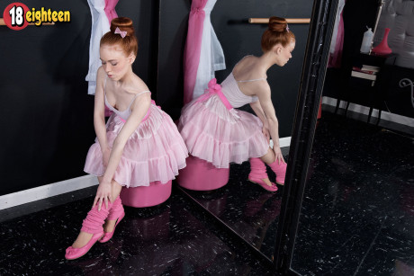 Redhead ballerina Dolly Little strips down to pink leg warmers and slippers - #301937