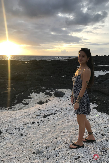 Teenie Mi Ha Doan flashes her boobs and exposes her hairy pussy on the beach - #1066384