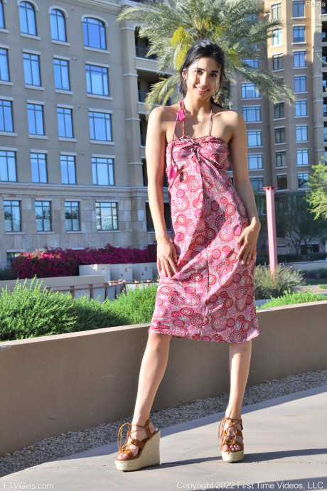 American cutie Reina poses in her long dress and strips naked in public - #1329663