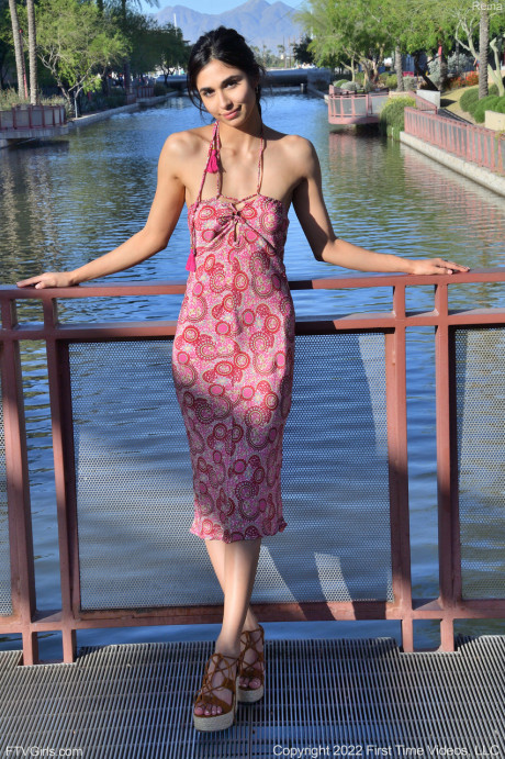 American cutie Reina poses in her long dress and strips naked in public - #1329664