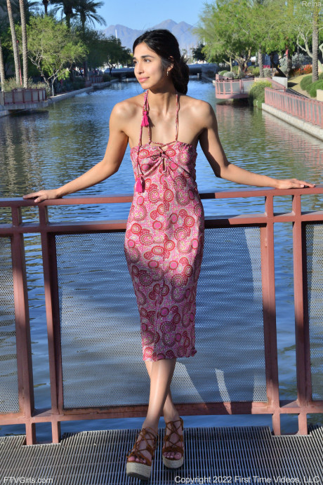 American cutie Reina poses in her long dress and strips naked in public - #1329665