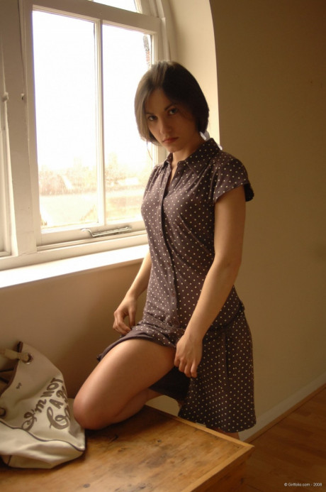 Solo whore girlfriend lady slips off her dress and underthings in front of a window - #1009776
