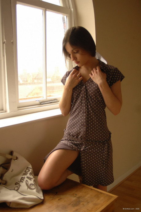 Solo whore girlfriend lady slips off her dress and underthings in front of a window - #1009777