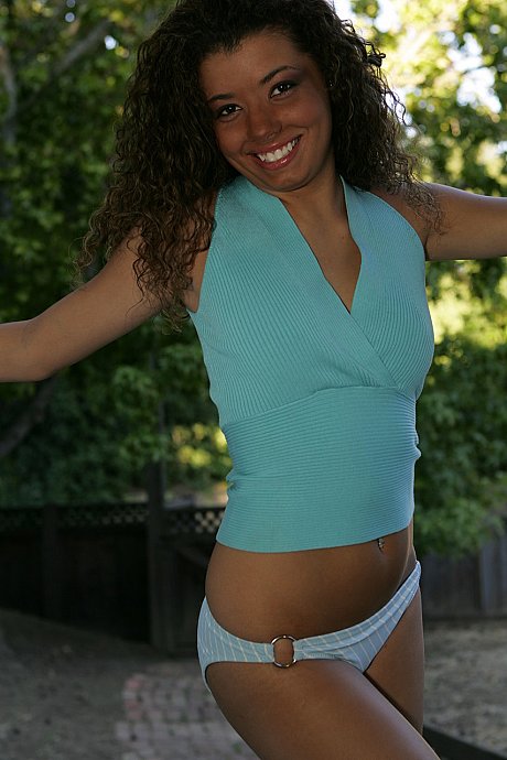 Curly-haired teen posing in her sexy shirt and panties outdoors - Image 5 of 20  in Outdoor category  