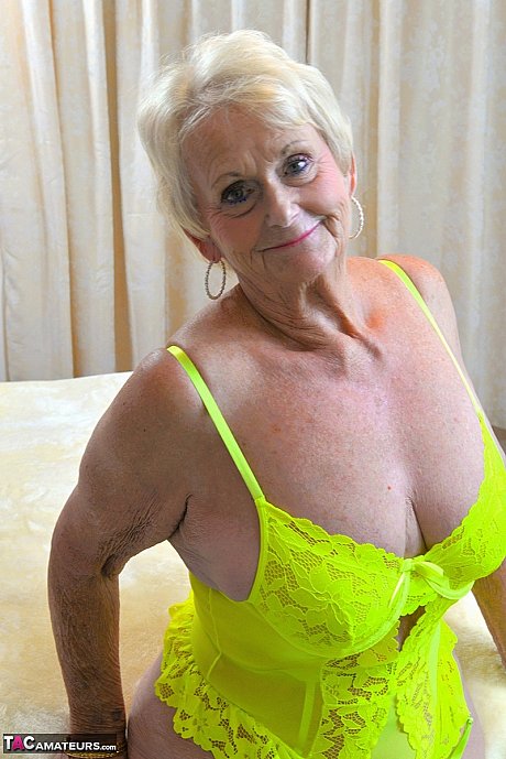 Yellow-haired old lady Sparkle looses her saggy titties from neon underwear - Image 9 of 16  in Amateur category   featuring Sparkle 