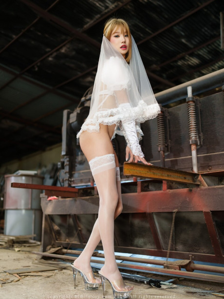 Ravishing South Korean bride poses in her cute white lingerie and heels - #1347594