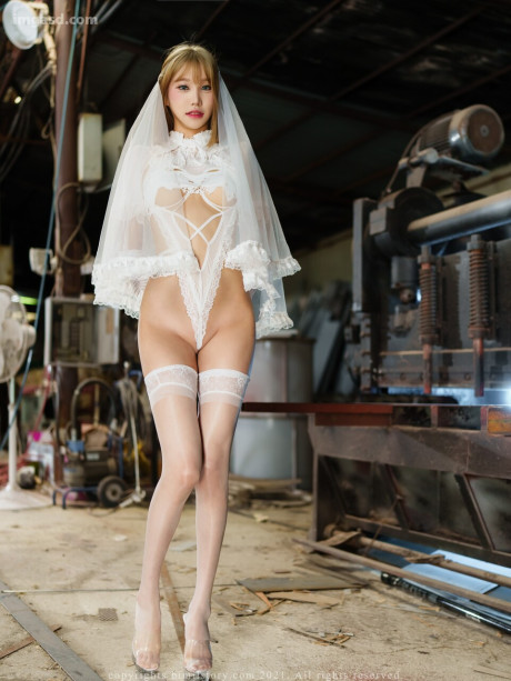 Ravishing South Korean bride poses in her cute white lingerie and heels - #1347595