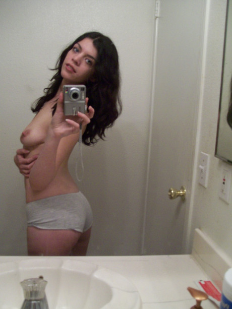 Dark haired teenie takes selfies of her nice booty & natural boobies in the mirror - #160874