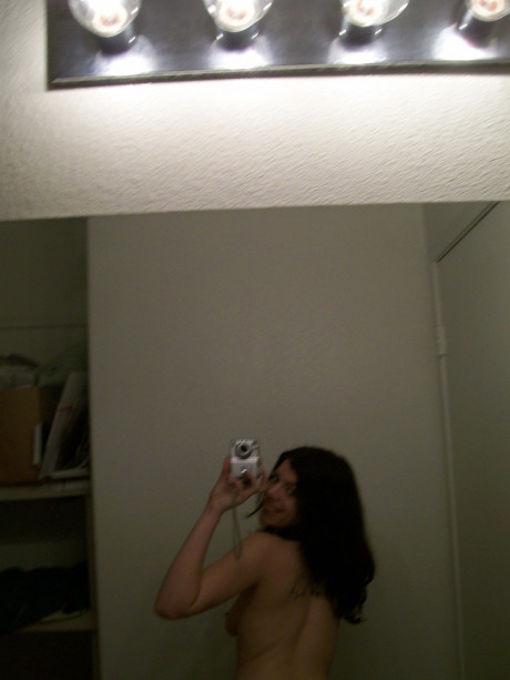Dark haired teenie takes selfies of her nice booty & natural boobies in the mirror - #160875