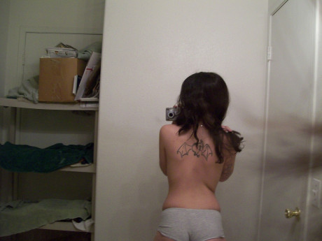 Dark haired teenie takes selfies of her nice booty & natural boobies in the mirror - #160876
