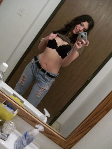 Dark haired teenie takes selfies of her nice booty & natural boobies in the mirror - #160887