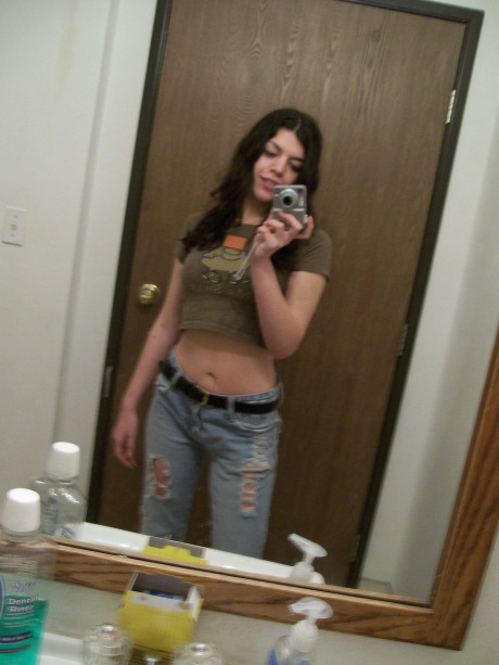 Dark haired teenie takes selfies of her nice booty & natural boobies in the mirror - #160891