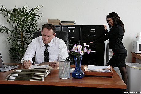 Brunette secretary seduces her boss and takes his meat in leggings - Image 2 of 15  in Pantyhose category   featuring Sativa Rose, Alec Knight 