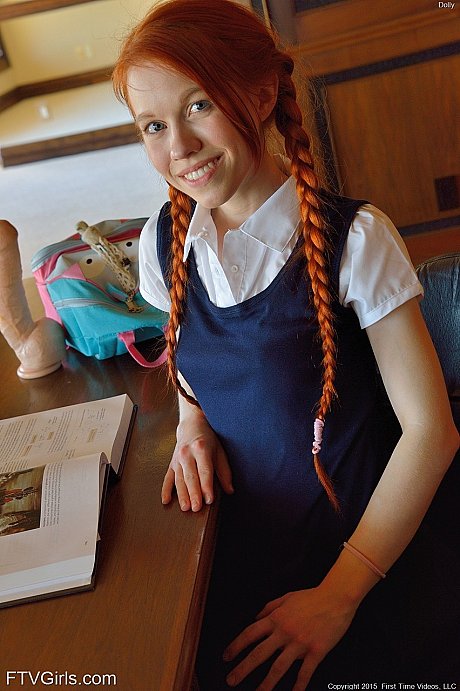 Ginger Head schoolgirl Dolly inserts a monstrous fake cock & Ben Wa balls into her vagina - Image 1 of 20  in Dildo category   featuring Dolly Little 