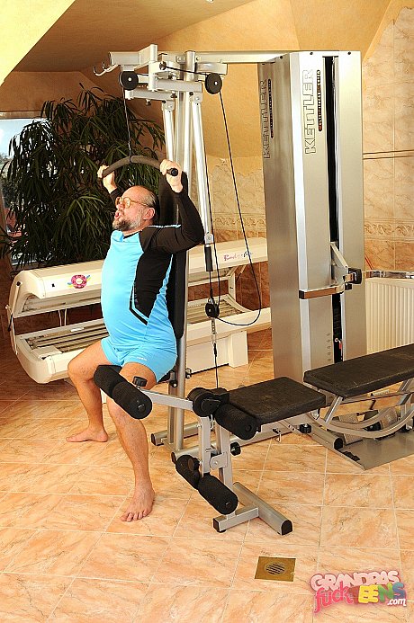 Chubby french bitch girl woman Kimy gives old stud a blowjob at the gym for a monstrous mouthful - Image 5 of 18  in Big Clit category   featuring Attila Schuster, Kimy 