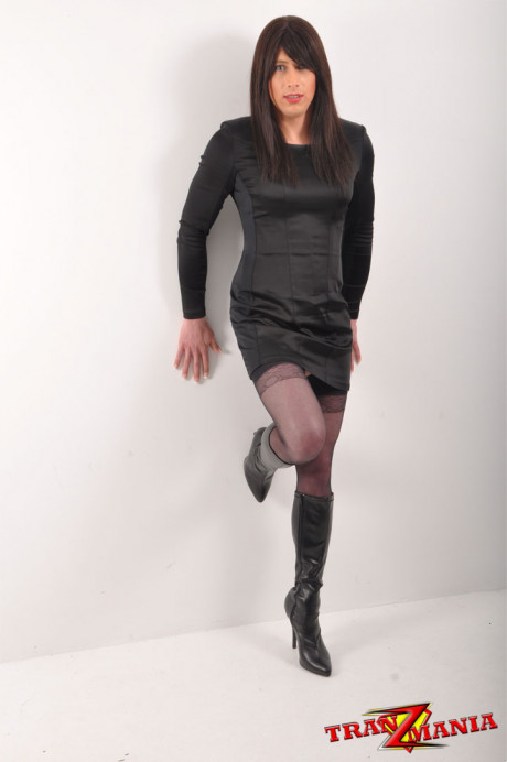 Gorgeous crossdresser with long black hair posing - #45976