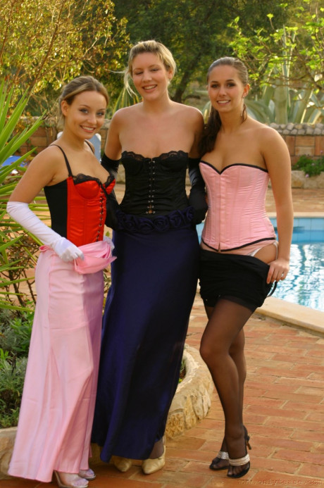 Slutty braid maids strip their dresses and pose in hot undergarment poolside - #274531