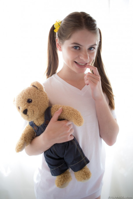 Young teen sweetie Alice March shows off her bitty parts in socks with Teddy in hand - #519026
