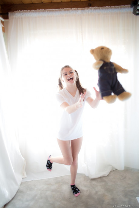 Young teen sweetie Alice March shows off her bitty parts in socks with Teddy in hand - #519027