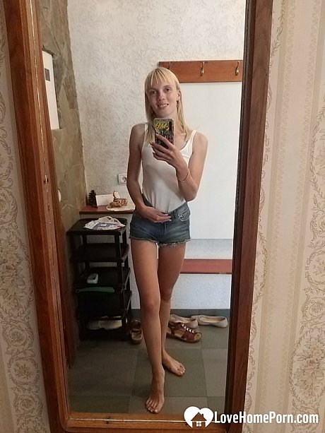 Lusty French blondy with tiny tits shows her fine body in the mirror - Image 7 of 21  in Pussy category  