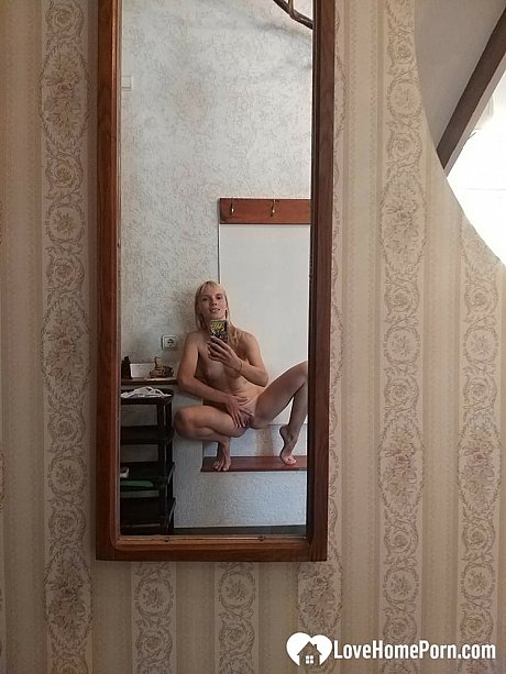 Lusty French blondy with tiny tits shows her fine body in the mirror - Image 16 of 21  in Pussy category  