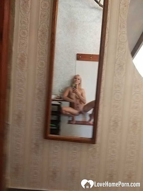 Lusty French blondy with tiny tits shows her fine body in the mirror - Image 17 of 21  in Pussy category  
