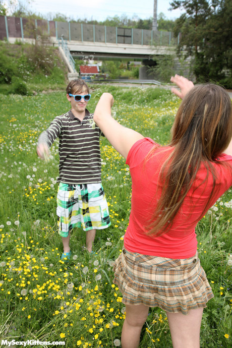 Long legged attractive teen in short dress fucking hardcore outdoors & for cumshot