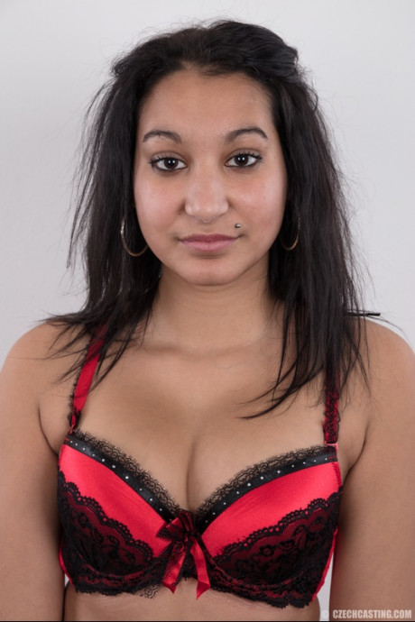Chubby brunette Monika models completely clothed before getting totally nude #83374