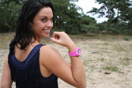 Brunette girl GF woman Nora is handcuffed to a tree while wearing a pink G-Shock watch - #542032