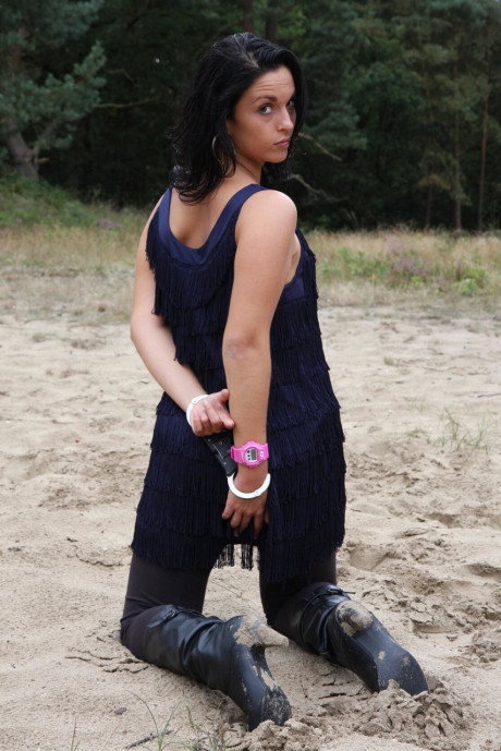 Brunette girl GF woman Nora is handcuffed to a tree while wearing a pink G-Shock watch - #542036