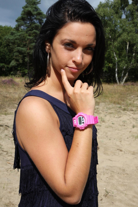 Brunette girl GF woman Nora is handcuffed to a tree while wearing a pink G-Shock watch - #542047