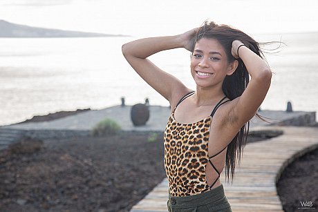 Horny Venezuelan in a leopard bodysuit Karin Torres reveals her muff on a dock - Image 1 of 21  in Pussy category   featuring Karin Torres 