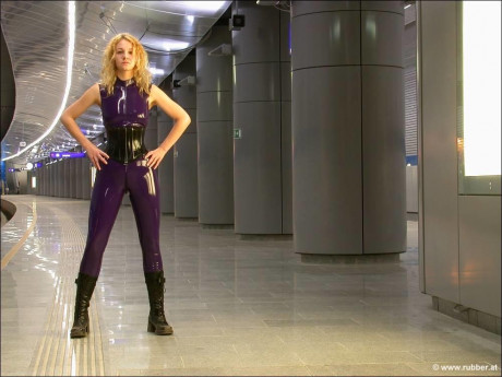 Caucasian female heads to the underground while wearing latex fetish wear - #955750