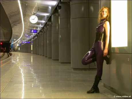 Caucasian female heads to the underground while wearing latex fetish wear - #955752