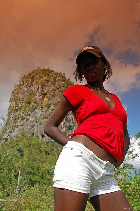 Ebony Maria L removes her shorts & red shirt & teases with her booty outdoors - Image 1 of 20  in Model category   featuring Maria L 