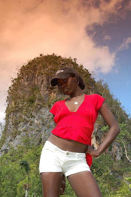 Ebony Maria L removes her shorts & red shirt & teases with her booty outdoors - Image 2 of 20  in Model category   featuring Maria L 