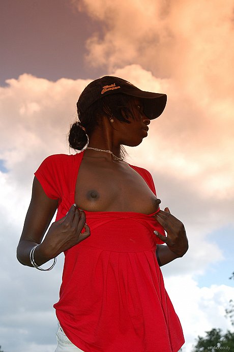 Ebony Maria L removes her shorts & red shirt & teases with her booty outdoors - Image 3 of 20  in Model category   featuring Maria L 