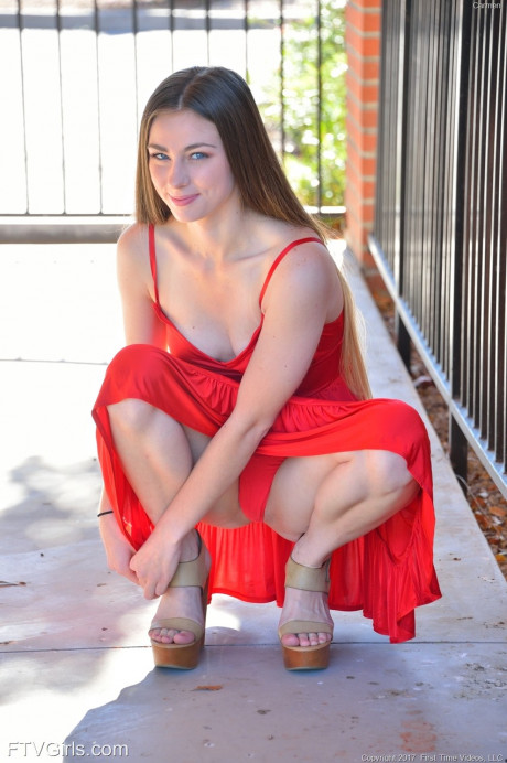 Adorable teen with small melons Carmen doffs her red dress and flaunts her body - #326128