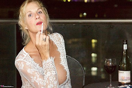 Blondie lady Molly MILF shows her melons and twat while smoking and drinking - Image 3 of 16  in Masturbation category   featuring Molly Milf 