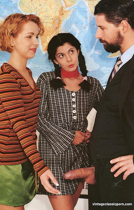 Sleazy schoolgirls share a techer's monstrous cock in class & take a facial - Image 3 of 20  in Pussy category   featuring Jean Yves Le Castel 
