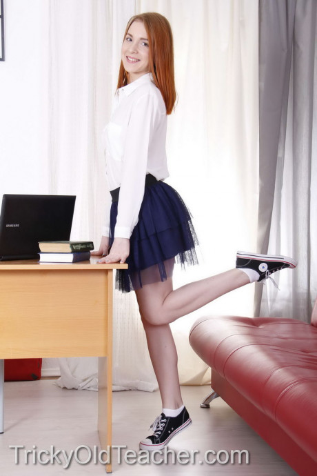 Young teenie red hair does the splits in canvas sneakers while fucking her old teacher - #928620