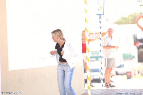 Sleazy teen Kata exposes her tiny titties & her shaved pink twat in public - #1229589