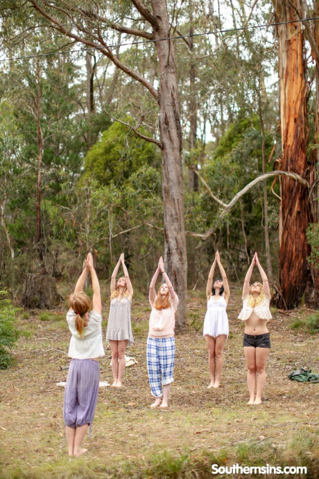 Beautiful Australian ladies practicing yoga in their hot outfits in nature - #975531
