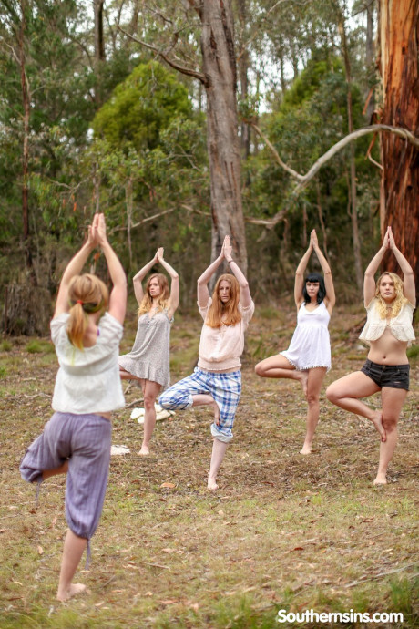 Beautiful Australian ladies practicing yoga in their hot outfits in nature - #975535
