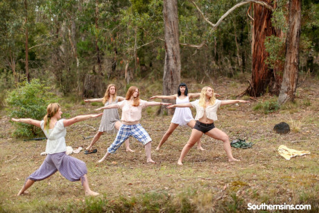 Beautiful Australian ladies practicing yoga in their hot outfits in nature - #975536
